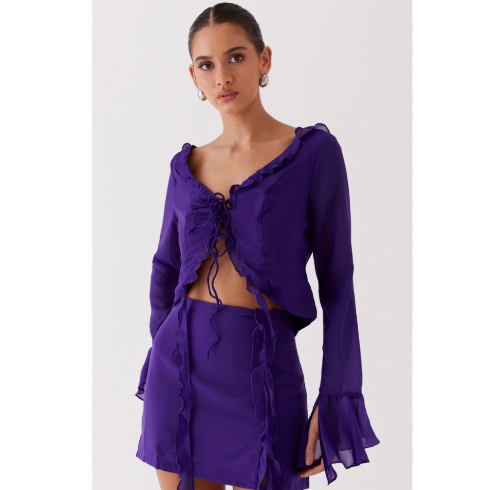 Peppermayo 90s Y2K Chiffon Plunge Tie Front Ruffle Blouse Purple 0